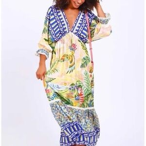 Farm Rio Anthropologie Macaw Flight Maxi Dress Sz S US 4
